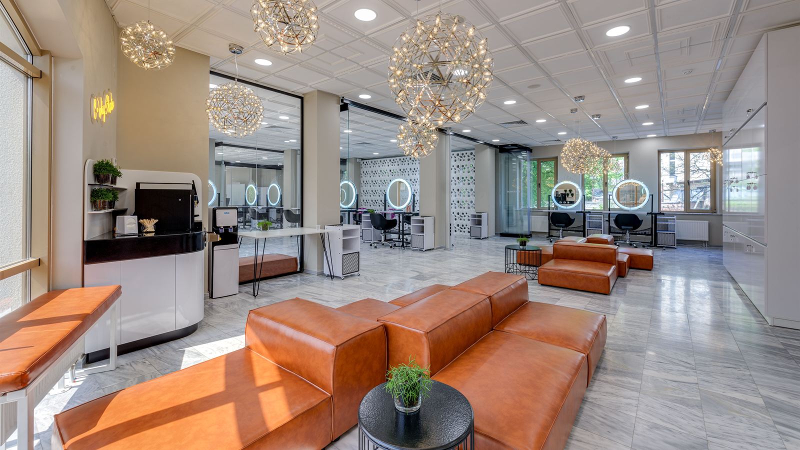 Bright, welcoming reception lounge of a beauty salon